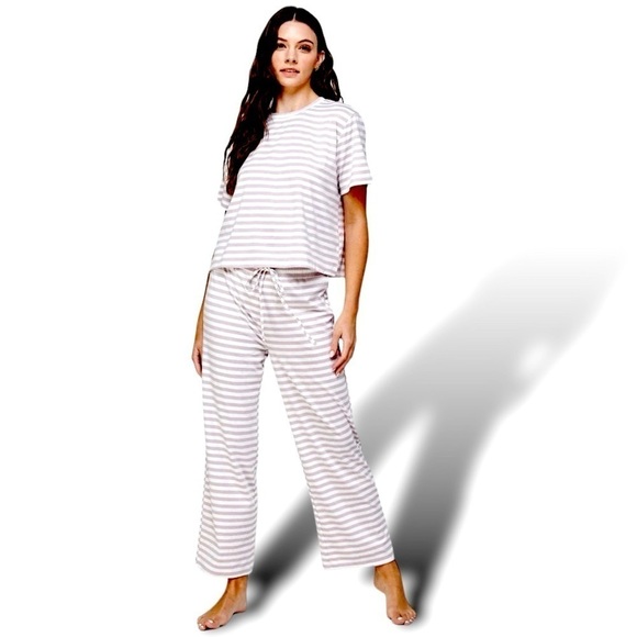 Casual Lounge Stripe 2pc Set. Drawstring Wide Leg Pant Crop Top BALLETCORE Large - Picture 10 of 16